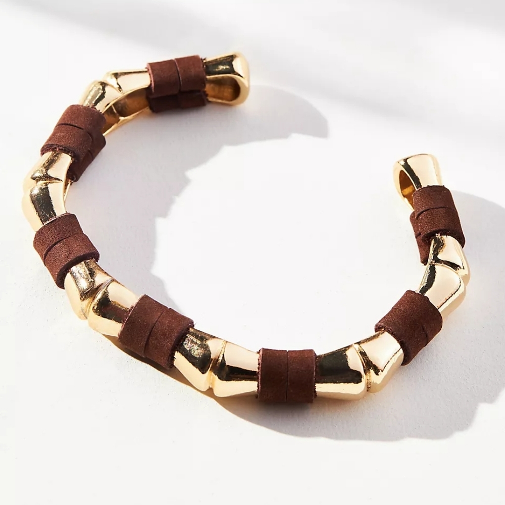 Anthropologie Leather-Wrapped Bamboo Cuff Bracelet